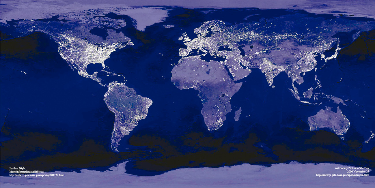 Рис. 10.6. Ночной космический снимок планеты, выполненный со спутника NASA, 2000 г.