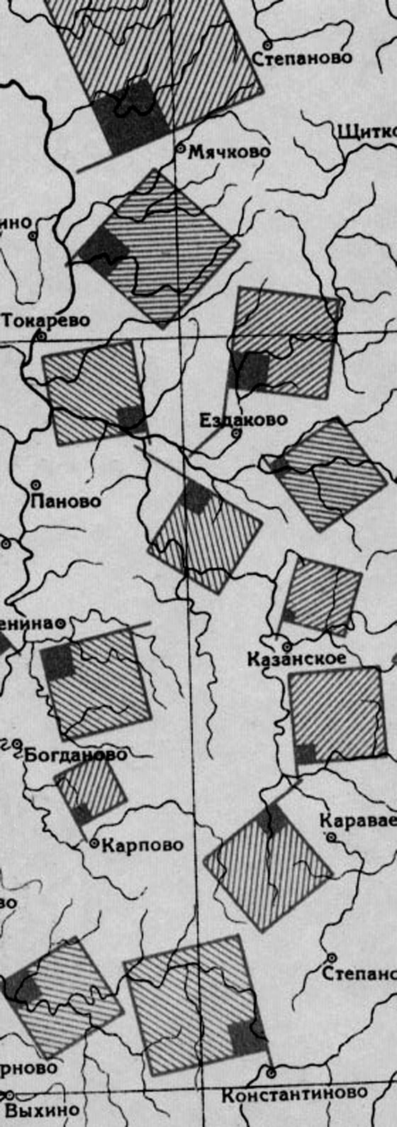 Рис. 10.3. Изображение потенциальной мощности гидроресурсов по участкам рек: залитая часть квадрата (локализованной диаграммы) рассчитана по минимальной мощности, заштрихованная — по средней расчетной мощности