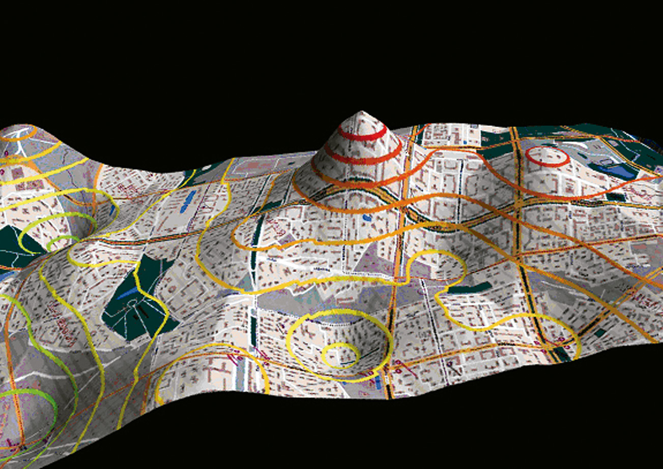 Рис. 7.4. Трехмерная модель ценовой поверхности фрагмента ЮЗАО, 2005 г. (студенческая работа)
