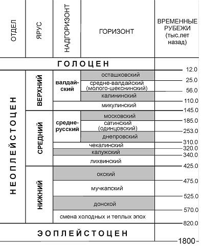 Рис. 1.2. Схема стратиграфии четвертичных отложений Восточно-Европейской равнины (серым цветом показаны ледниковые эпохи). По С.Д. Николаеву, Н.Г. Судаковой, В.В. Писаревой, 2004; Н.Г. Судаковой, 2008 (цитируется по Барабошкину, 2013)