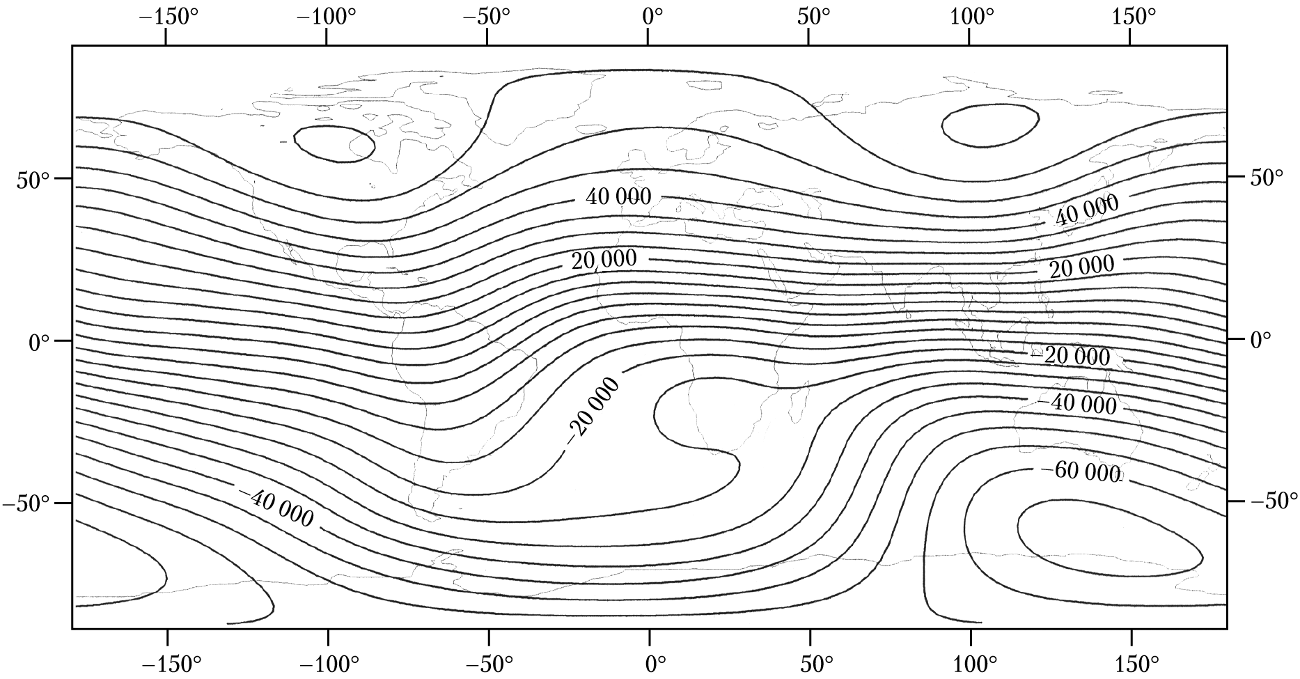 Рис. 2.2. Нормальное магнитное поле Земли (Тнорм) эпохи 1990 года. Изолинии проведены через 5000 нТл