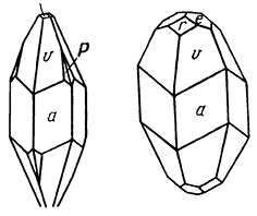 Рис. 131. Кристаллы прустита: a {1020}, v {2131}, r {1011}, e {0112}, p {1562}, u {1014}
