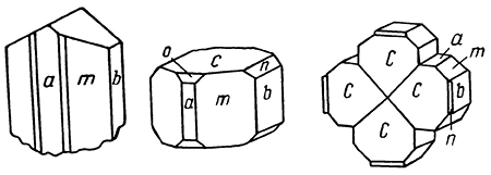 Рис. 130. Кристаллы и двойник бурнонита: a {100}, n {011}, m {110}, b {010}, c {001}, o {101}