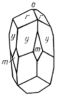 Рис. 132. Кристалл пираргирита: o {0001}, r {1011}, m {1010}, y {3251}