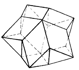 Рис. 64. Кратный двойник (пятерник) октаэдрических кристаллов по (111)