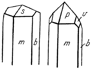 Рис. 110. Кристаллы антимонита: m {110}, b {010}, s {111}, p {331}, v {121}