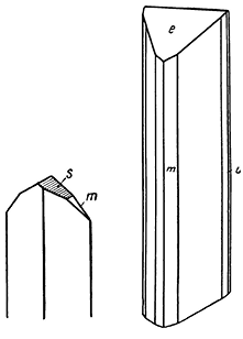 Рис. 125. Кристаллы лёллингита m {110}, u {140}, e {101}, s {120}, l {101}