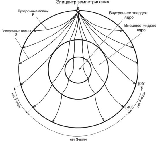 Рис. 2.4 Прохождение продольных (Р) и поперечных (S) волн через Землю. Поперечные волны не проходят через жидкое внешнее ядро, а у продольных волн есть «зона тени» в 35°, т. к. в жидком ядре волны преломляются