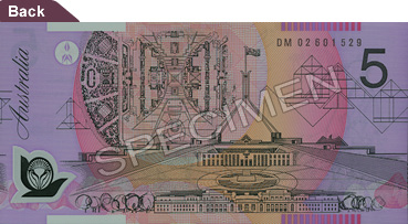Image showing the back of the A$5 note featuring Old and New Parliament House in foreground and the New Parliament House in the background