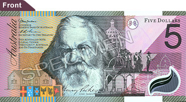 Image showing the front of the A$5 (Federation) note featuring Sir Henry Parkes