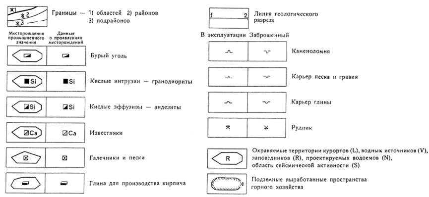 Рис. 77. Система условных знаков, отражающая границы инженерно- геологических таксонов, месторождения полезных ископаемых, типы горных выработок, охраняемых территорий на Карте инженерно-геологического районирования района Брудице масштаба 1:25 000 (по И. Матуле, Я. Пашеку, Инструкция по составлению унифицированных основных инженерно-геологических карт, 1966)