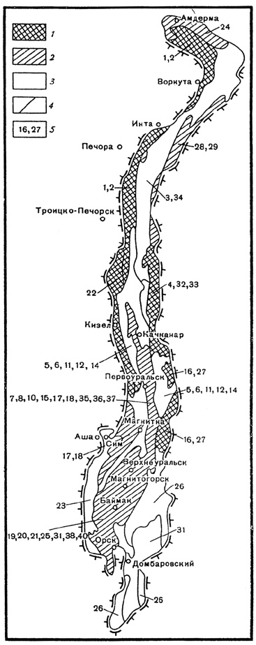 Рис. 143. Схематическая карта прогноза инженерно-геологических условий разработки полезных ископаемых Урала масштаба 1:1 000 000 (по Ю. Б. Осипову, М. Н. Бучкину, М. Э. Аронзону, 1987)