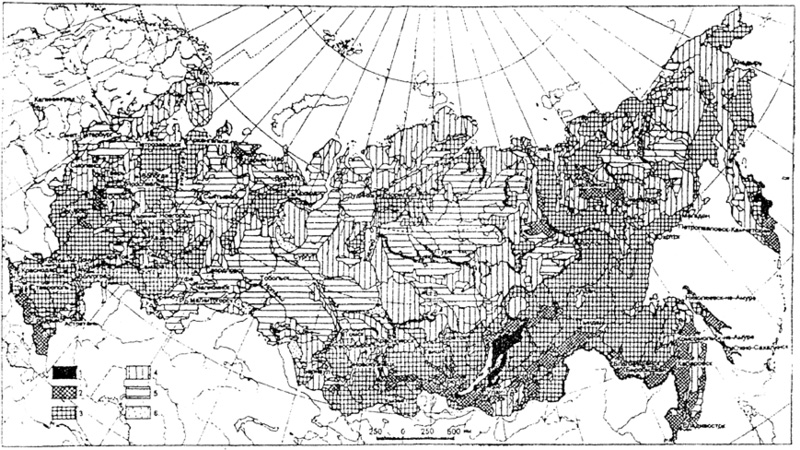 Рис. 131. Карта-схема природного риска строительного освоения и использования территории России (по А. Л. Рагозину, 1997)