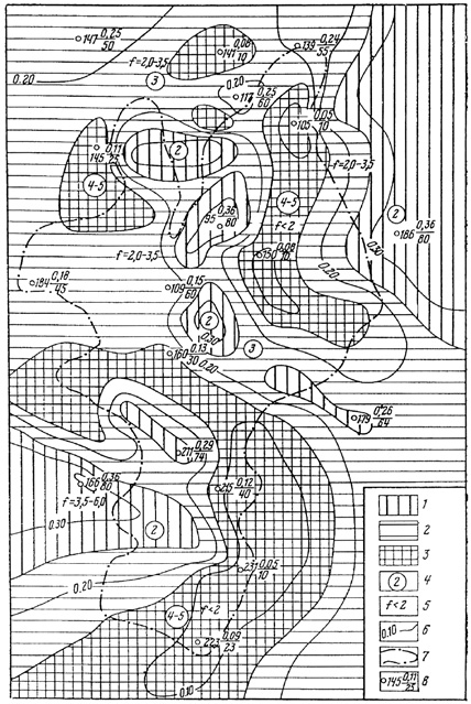 Рис. 153. Прогнозная инженерно-геологическая карта кровли рудного тела (по К. И. Фоменко, В. В. Бутюгину, 1986)
