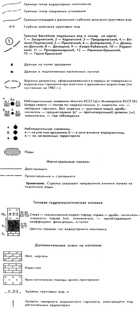 Рис. 98. Содержание раздела «Прочие обозначения» легенды Карты районирования территории УССР по условиям и степени подтопления масштаба 1:1 000 000 (под ред. П. Н. Сторчака, 1986)