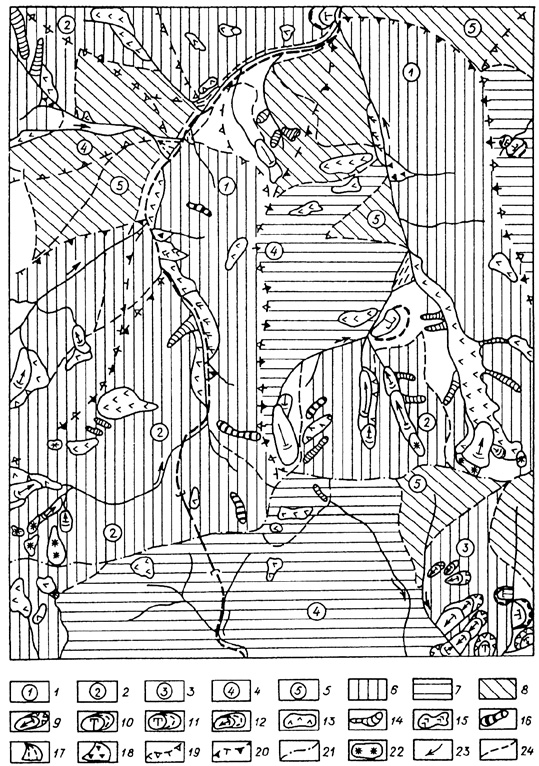 Рис. 102. Фрагмент карты инженерной оценки ЭГП района проложения трассы горной железной дороги (по А. Л. Ревзону, А. П. Бгатову, А. М. Богданову, 1992)