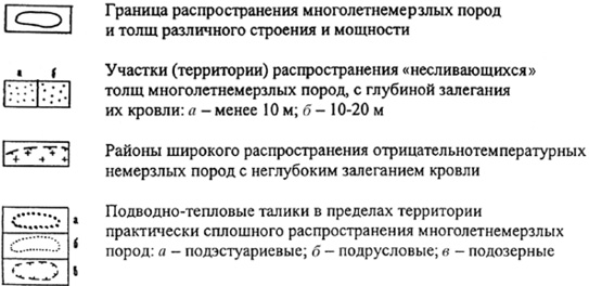 Рис. 43. Способы показа дополнительных характеристик распространенности некоторых типов мерзлых толщ и таликов на втором варианте Карты мощности и вертикального строения толщ многолетнемерзлых пород Западно-Сибирской плиты масштаба 1:1 000 000 (по В. Т. Трофимову, Ю. Б. Баду, Ю. К. Васильчуку, 1983)