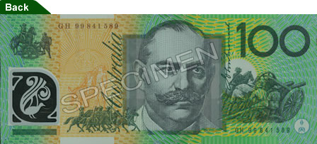 Image showing the back of the A$100 note featuring Sir John Monash